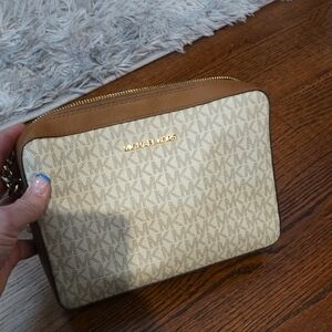 Michael Kors Cream and Brown Logo Crossbody